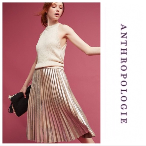 Anthropologie Dresses & Skirts - Maeve Anthro | Pleated Metallic Gold Skirt Size L